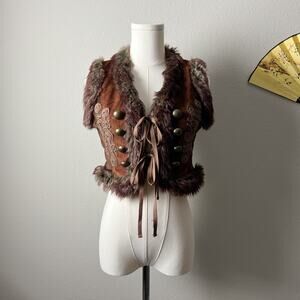 y2k brown faux suede fur victorian cottage boho renaissance fair waistcoat vest